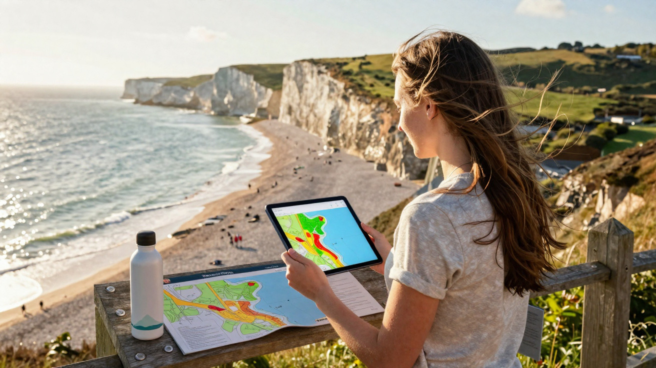 Mulher olhando mapas em tablet e papel com falésias e praia ao fundo em dia ensolarado.
