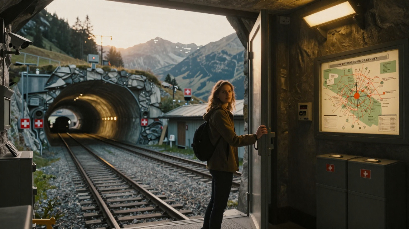 Mulher com mochila sai de estação ferroviária com trilhos e túnel cercados por montanhas ao pôr do sol.