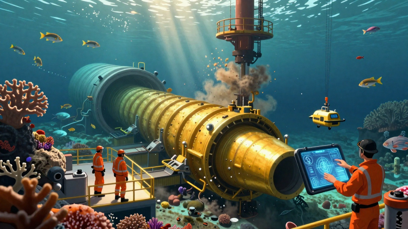 Equipe trabalha em equipamento subaquático grande e tecnológico no fundo do mar entre corais e peixes.