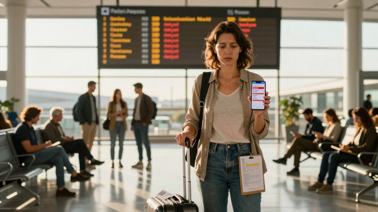 Mulher preocupada no aeroporto segurando celular e mala, com painel de voos atrasados ao fundo.