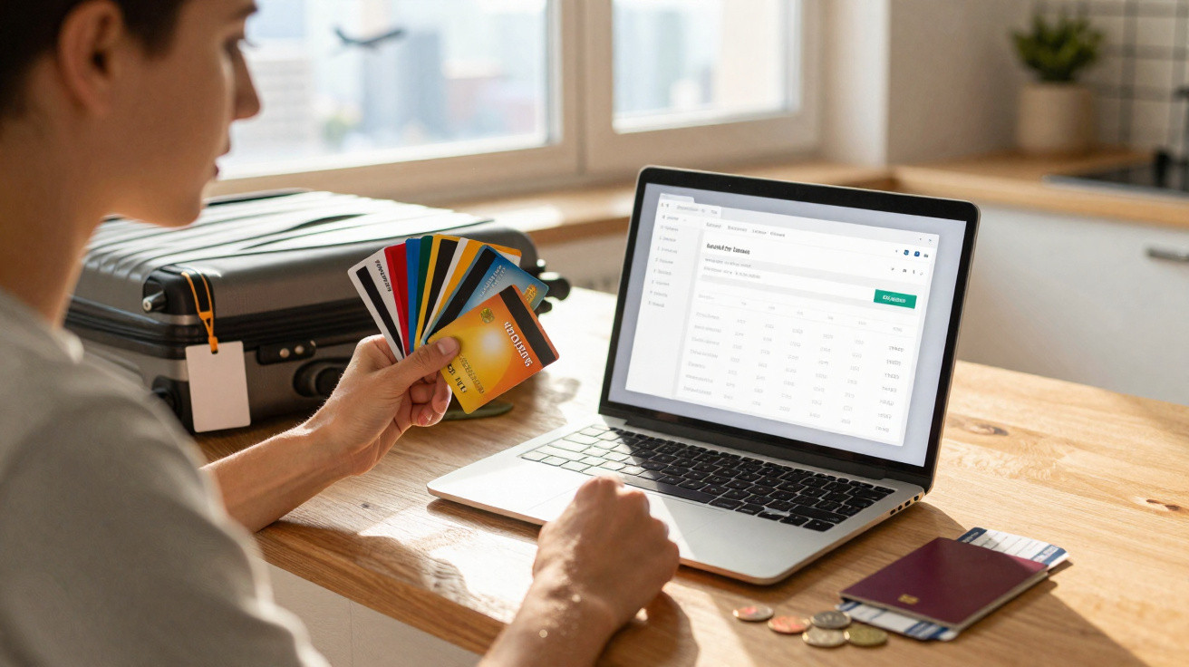Pessoa segurando cartões coloridos diante de laptop aberto em mesa com mala e passaporte.