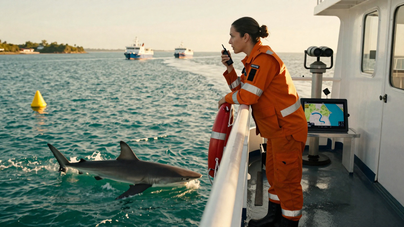 Mulher em uniforme laranja se comunica por rádio em barco, com tubarão nadando próximo à embarcação.
