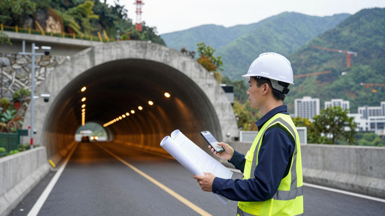 Engenheiro com capacete e colete refletivo segurando planta e celular em frente a túnel rodoviário iluminado.