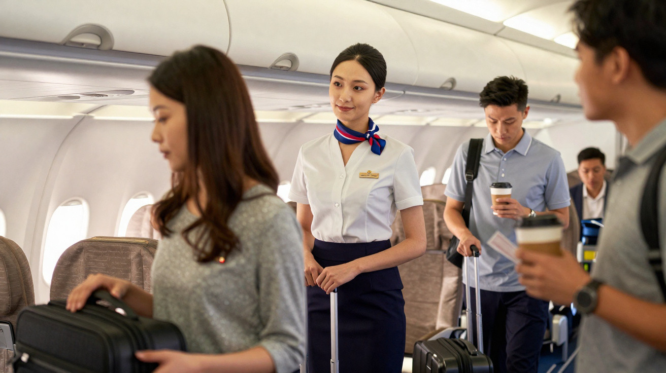 Comissária de bordo atendendo passageiros com malas e café dentro da cabine de avião.