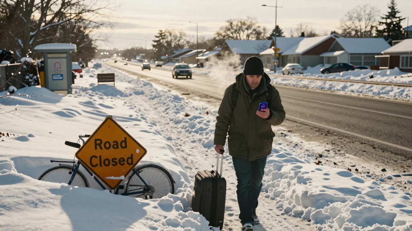 Homem de casaco e gorro caminha na neve com mala de rodinhas, olhando o celular, próximo a placa de rua bloqueada.