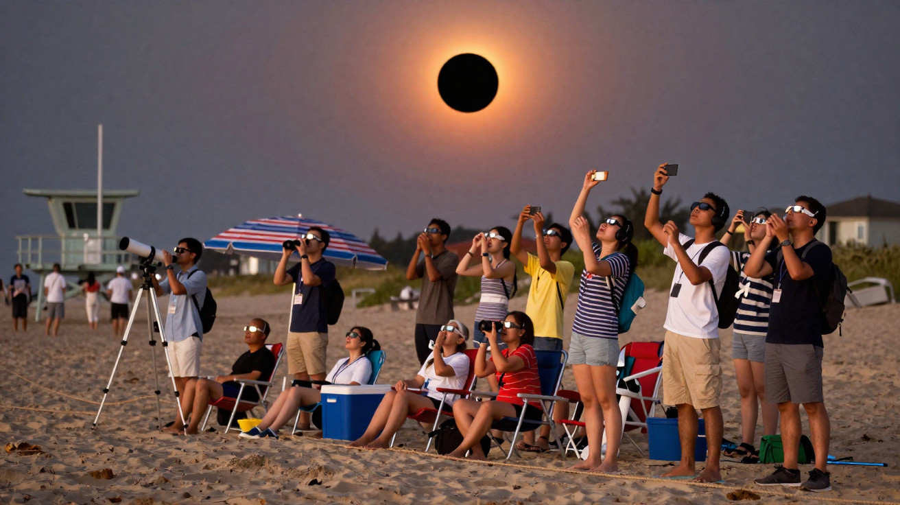 Pessoas em praia observando eclipse solar com óculos e câmeras durante pôr do sol.