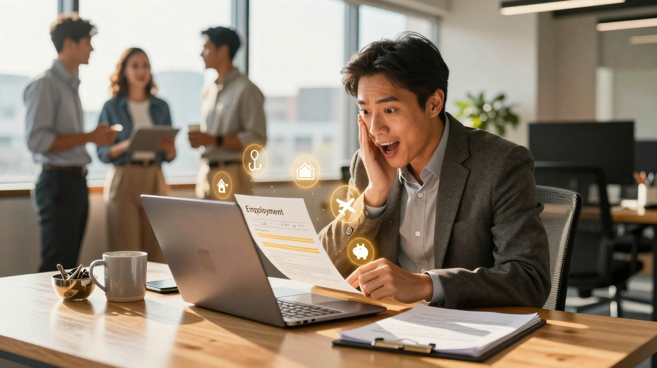 Homem surpreso lendo carta de emprego em escritório moderno com colegas ao fundo conversando.