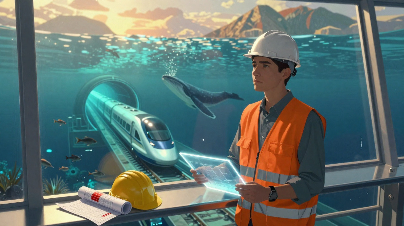 Engenheiro em colete e capacete observa trem submarino passando por túnel, com baleia e peixes ao redor.