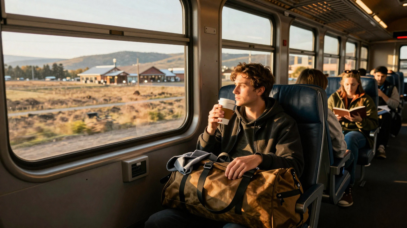 Jovem sentado no trem olhando pela janela, segurando um copo e com uma mochila grande no colo.