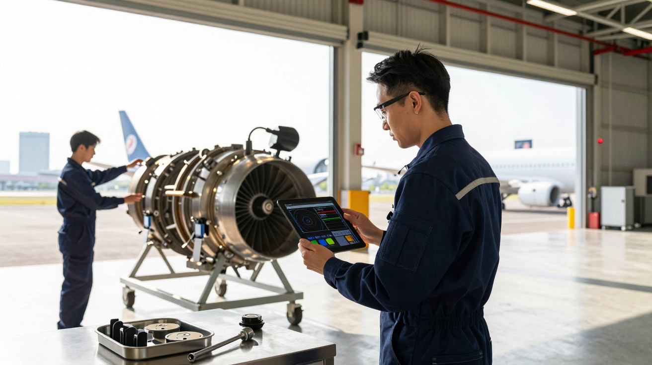 Dois técnicos de manutenção verificam motor de avião em hangar, um usa tablet para checagem de dados.