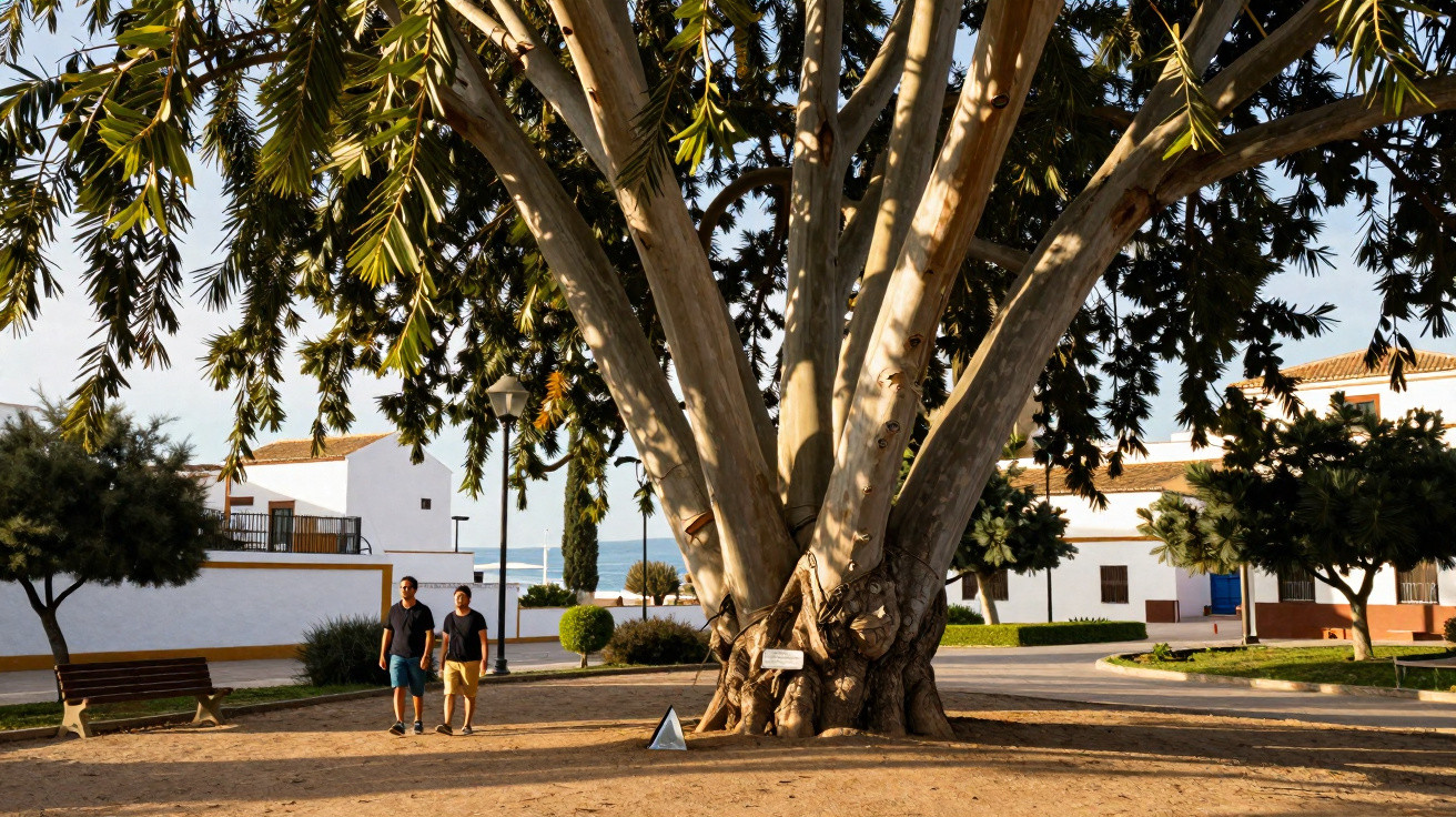 Árvore grande com troncos grossos em praça com pessoas caminhando e casas ao fundo.