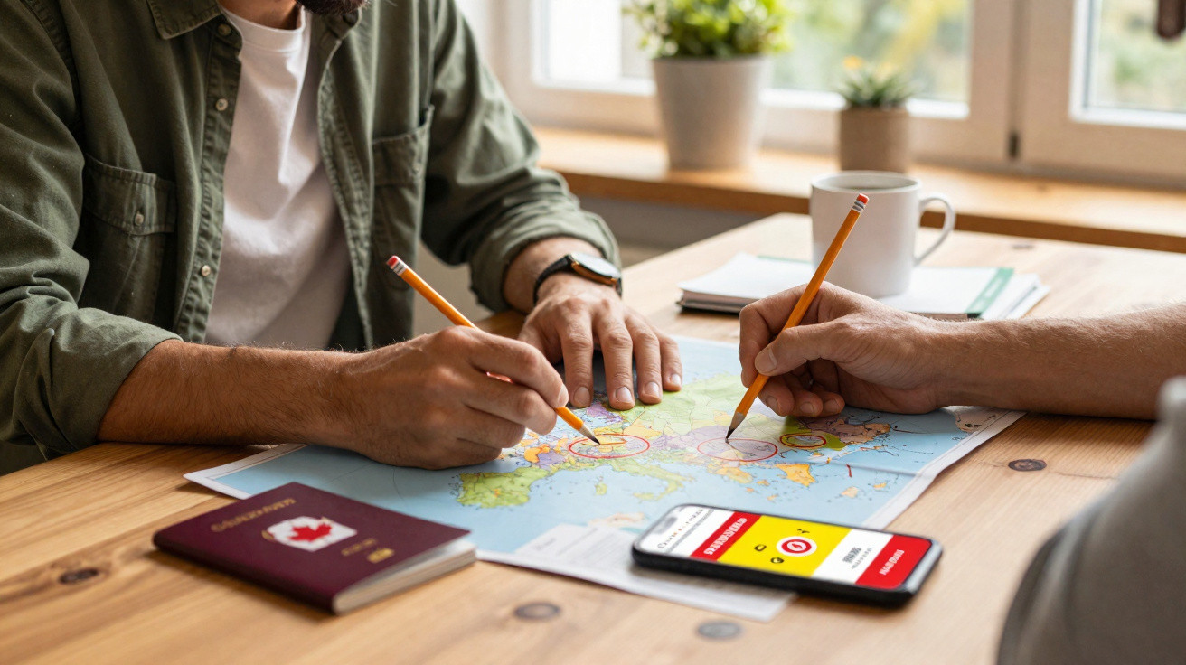 Duas pessoas marcando destinos em um mapa com lápis, ao lado de passaporte e celular sobre uma mesa.