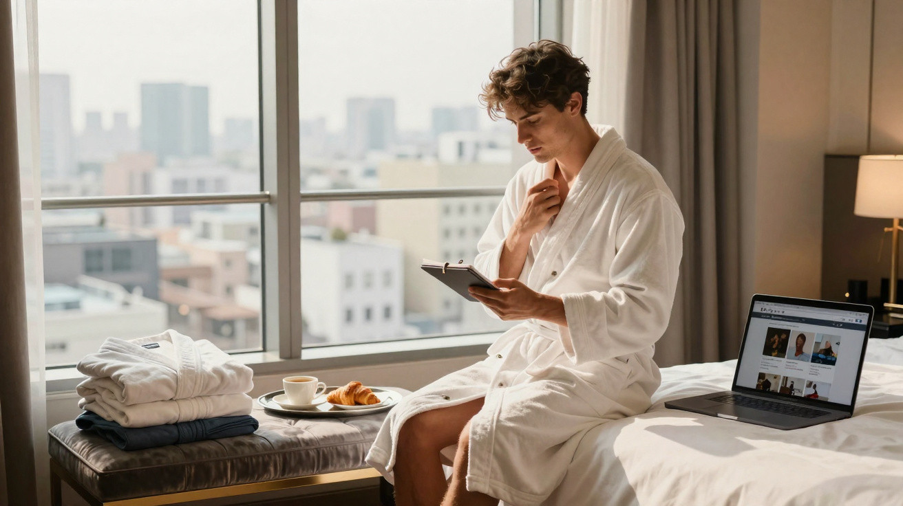 Homem sentado na cama de hotel, vestindo roupão branco e usando tablet com laptop ao lado.