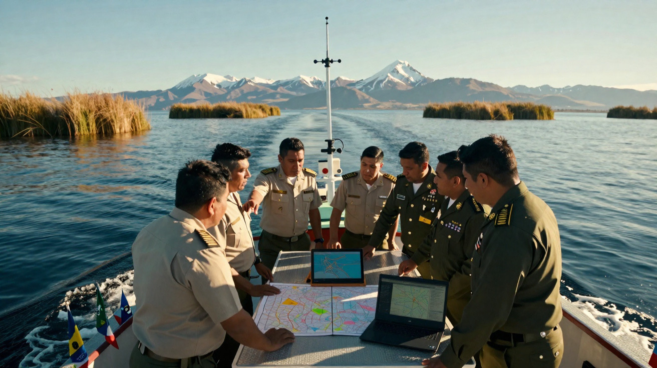 Militares reunidos em barco analisando mapas náuticos com montanhas ao fundo em dia ensolarado.