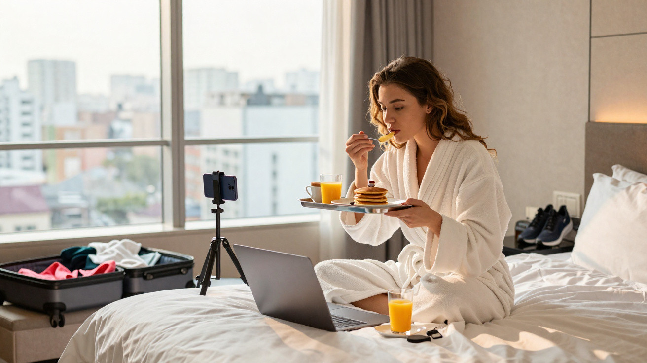 Mulher de roupão tomando café da manhã na cama enquanto grava vídeo no celular e usa laptop.