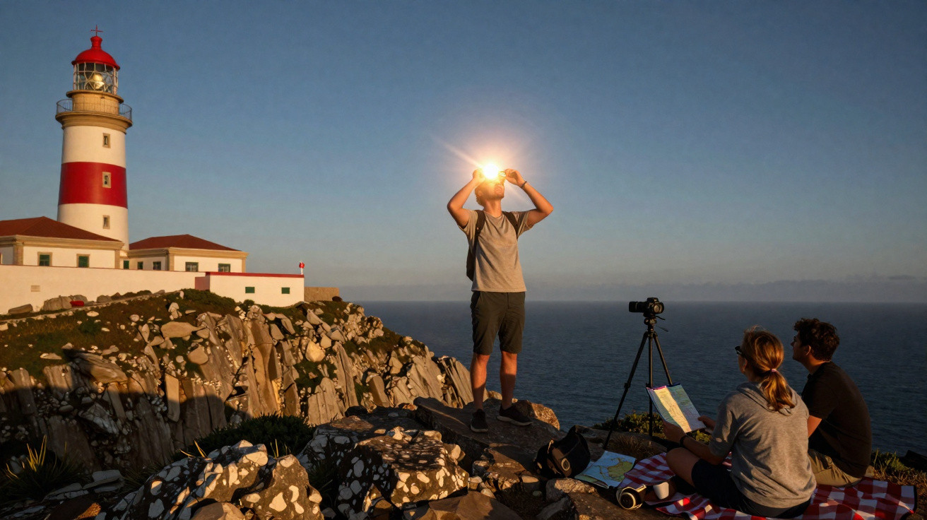 Farol vermelho e branco em penhasco, com grupo observando o pôr do sol à beira-mar.