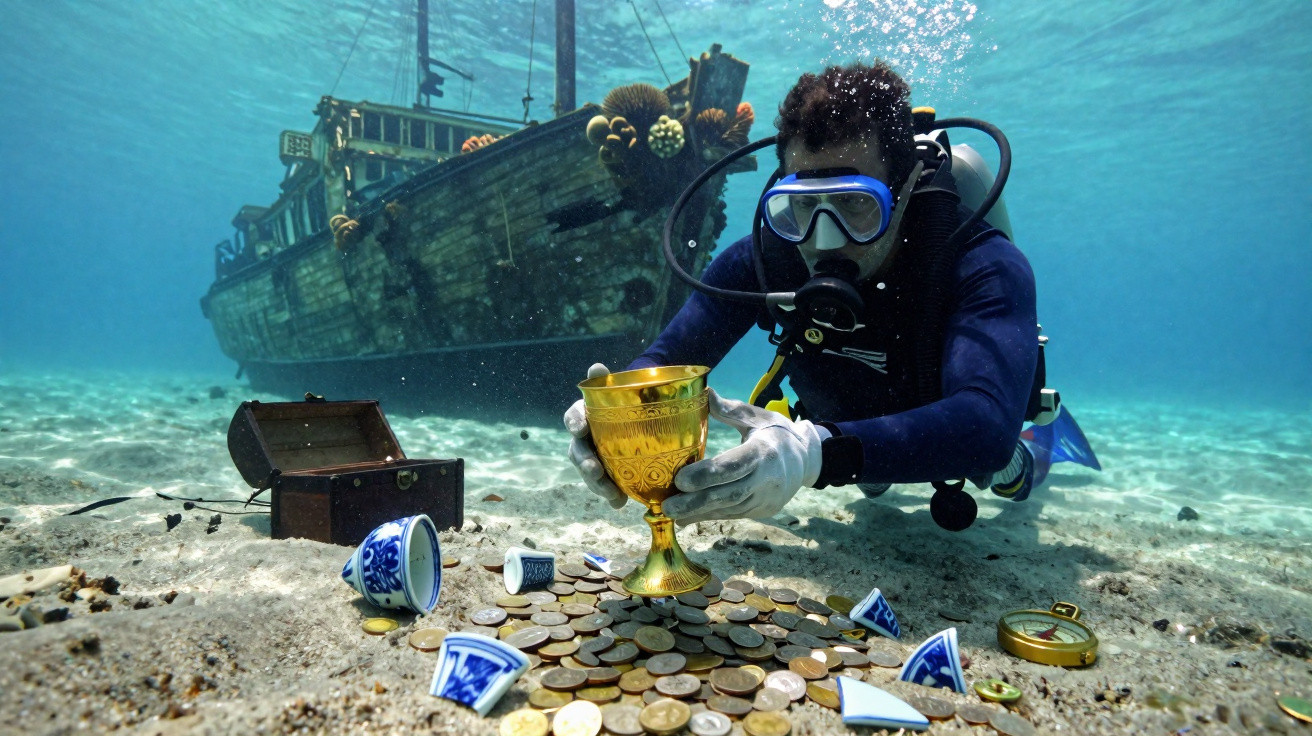 Mergulhador recolhendo taça dourada em meio a moedas e artefatos no fundo do mar próximo a navio naufragado.