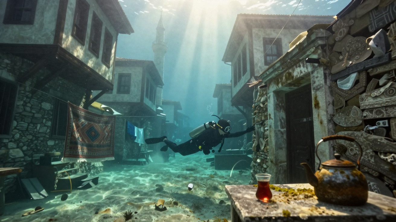 Mergulhador explorando rua submersa de vila com casas antigas ao sol penetrando a água.