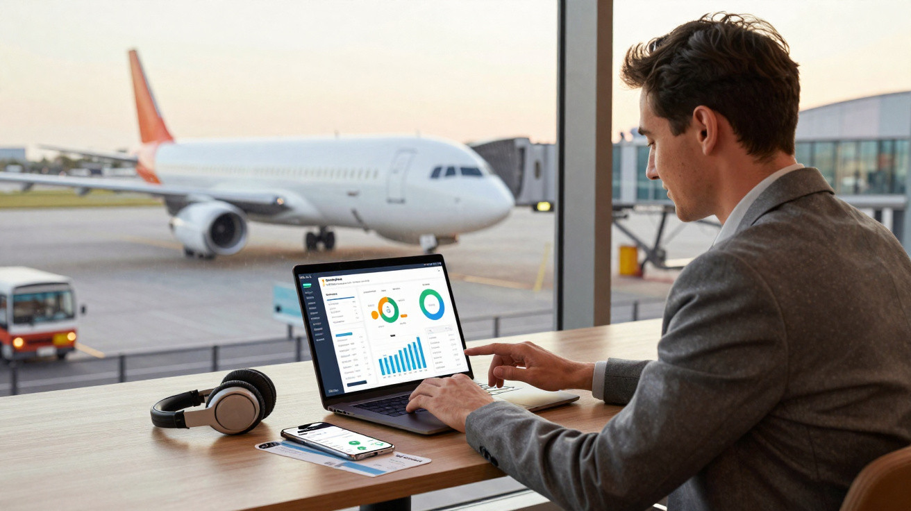 Homem de terno trabalha em laptop exibindo gráficos em aeroporto com avião estacionado ao fundo.