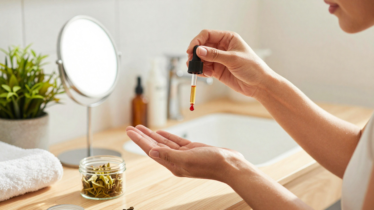 Pessoa aplicando óleo facial com conta-gotas em ambiente de banheiro claro e organizado.