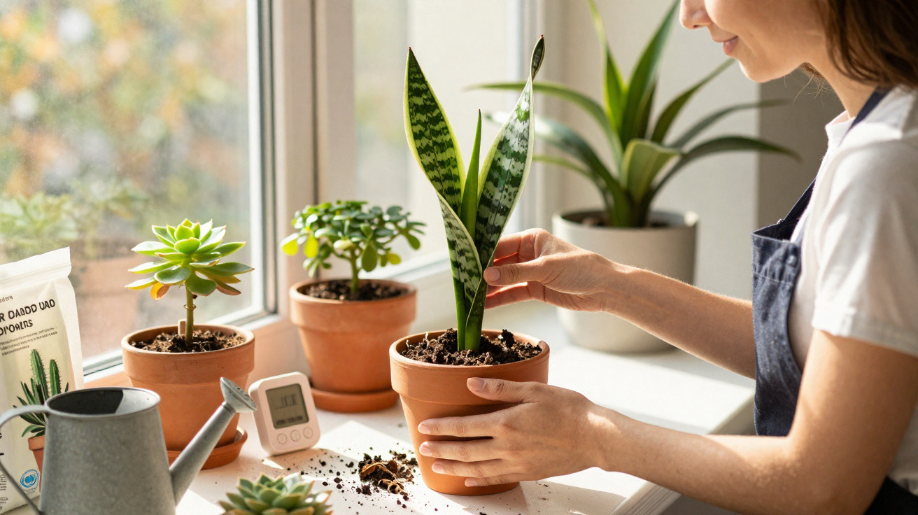 Pessoa cuidando de planta suculenta em vaso de barro perto de janela iluminada.