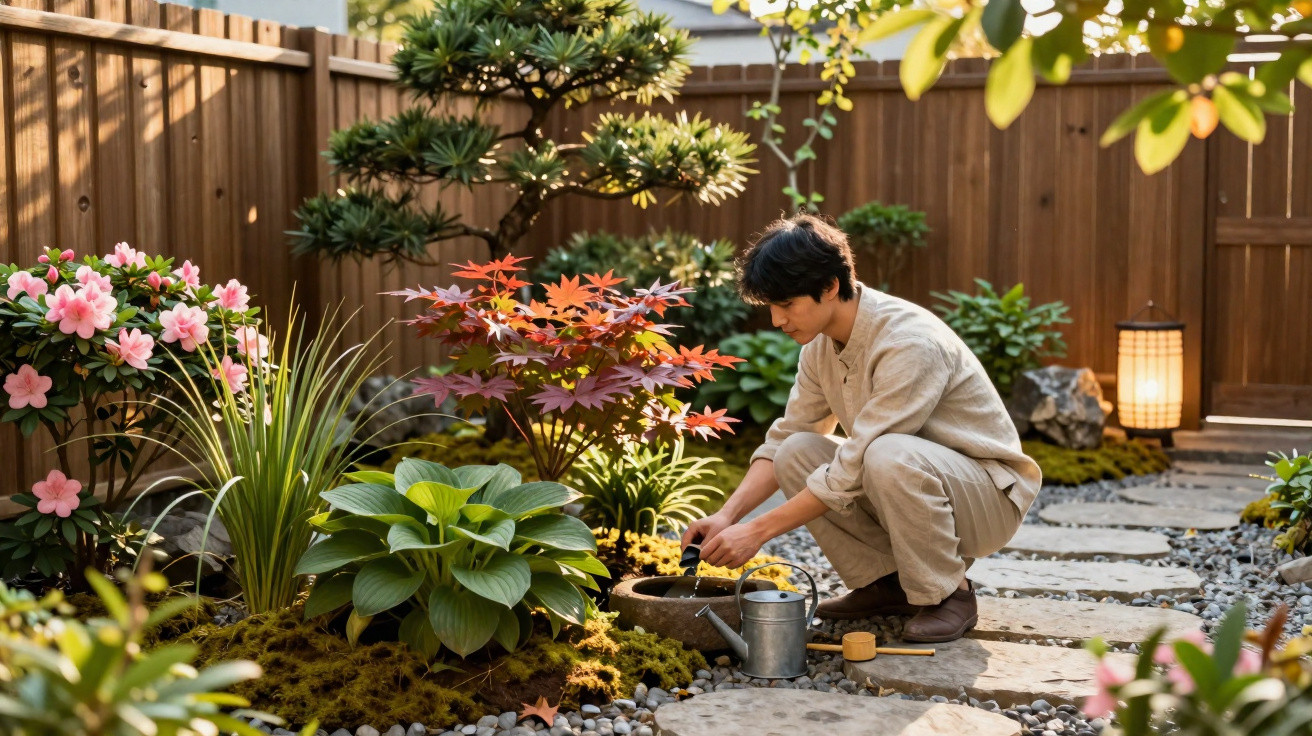 Homem cuida de jardim japonês com plantas, flores e caminho de pedras em ambiente externo cercado por cerca de madeira.