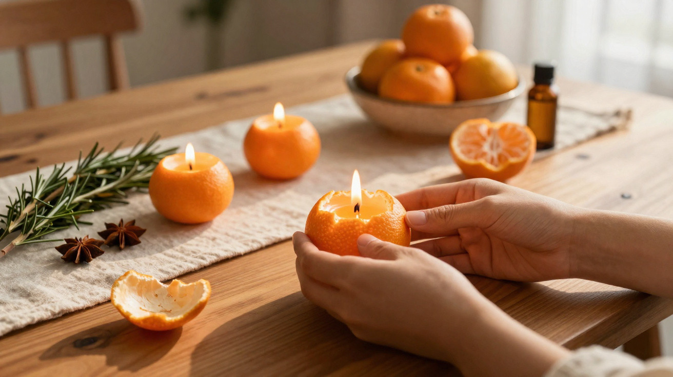 Mãos segurando vela artesanal dentro de casca de tangerina acesa sobre mesa de madeira com outras velas e frutas.