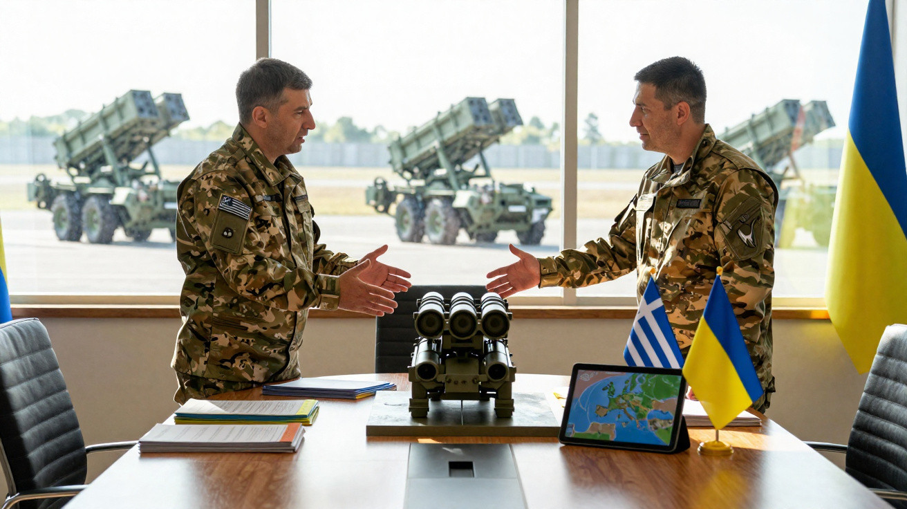 Dois militares em uniforme camuflado apertam as mãos em sala com bandeiras da Grécia e Ucrânia e equipamentos militares na me