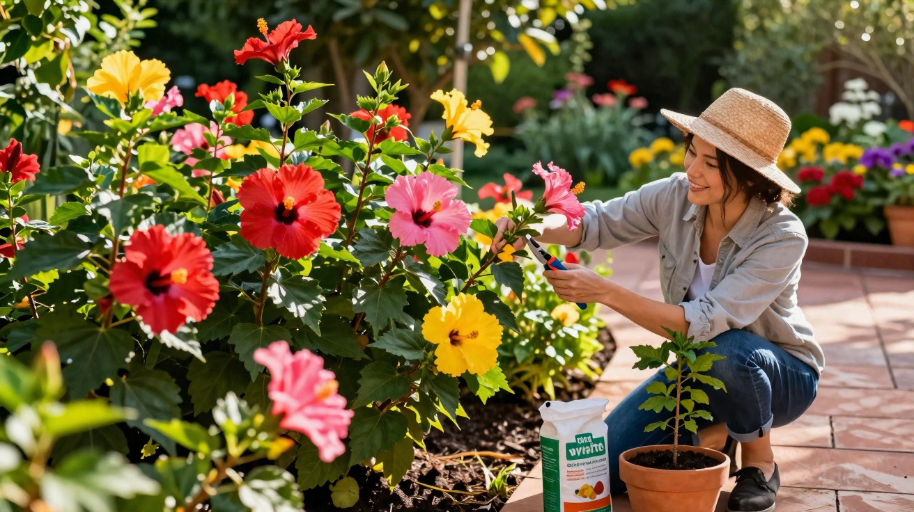 Mulher cuidando de flores multicoloridas em jardim, usando chapéu e sorrindo.