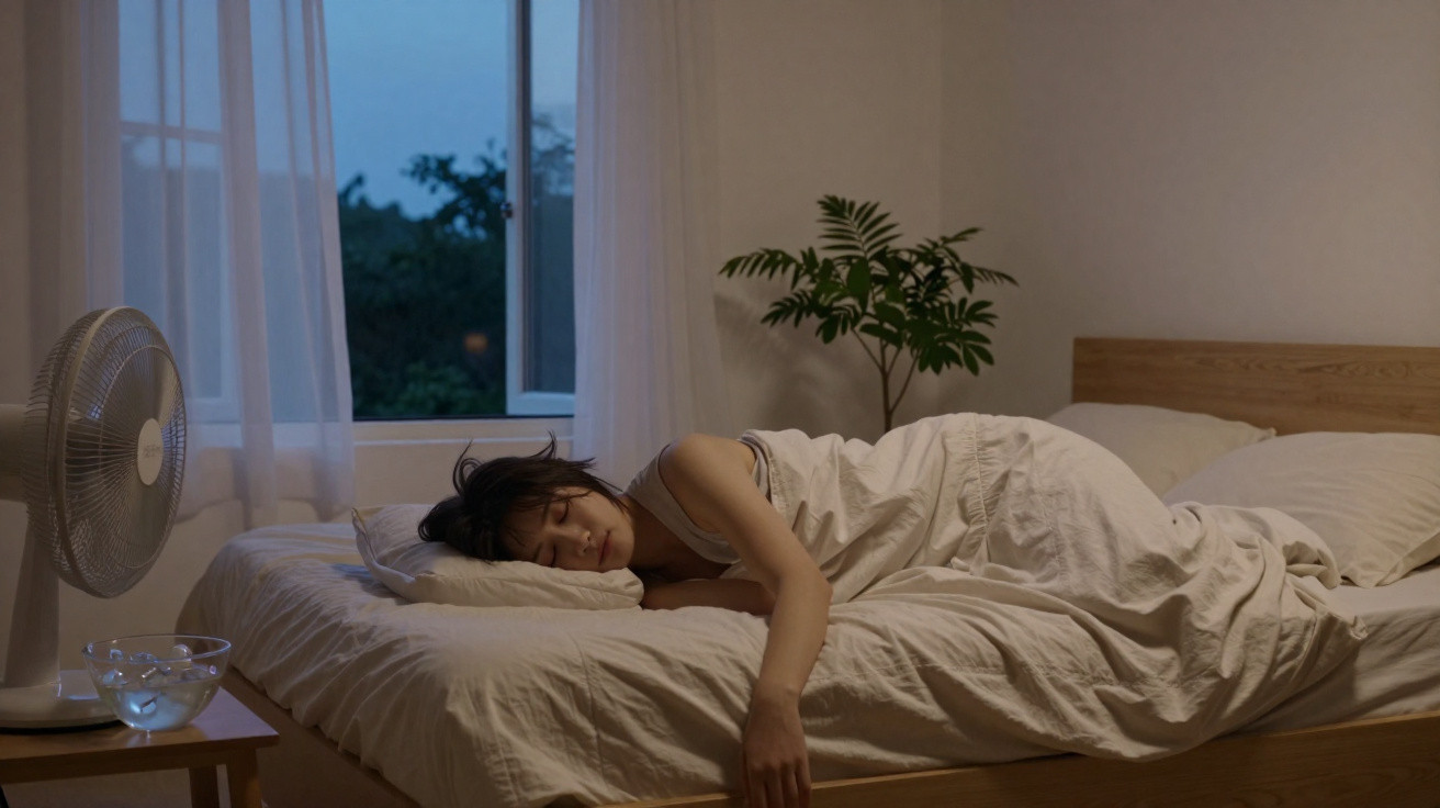 Mulher dormindo em cama bege com ventilador ligado e planta perto da janela ao anoitecer.