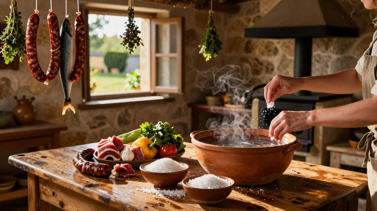 Interior de cozinha rústica com ingredientes, ervas penduradas e pessoa temperando comida em panela de barro.