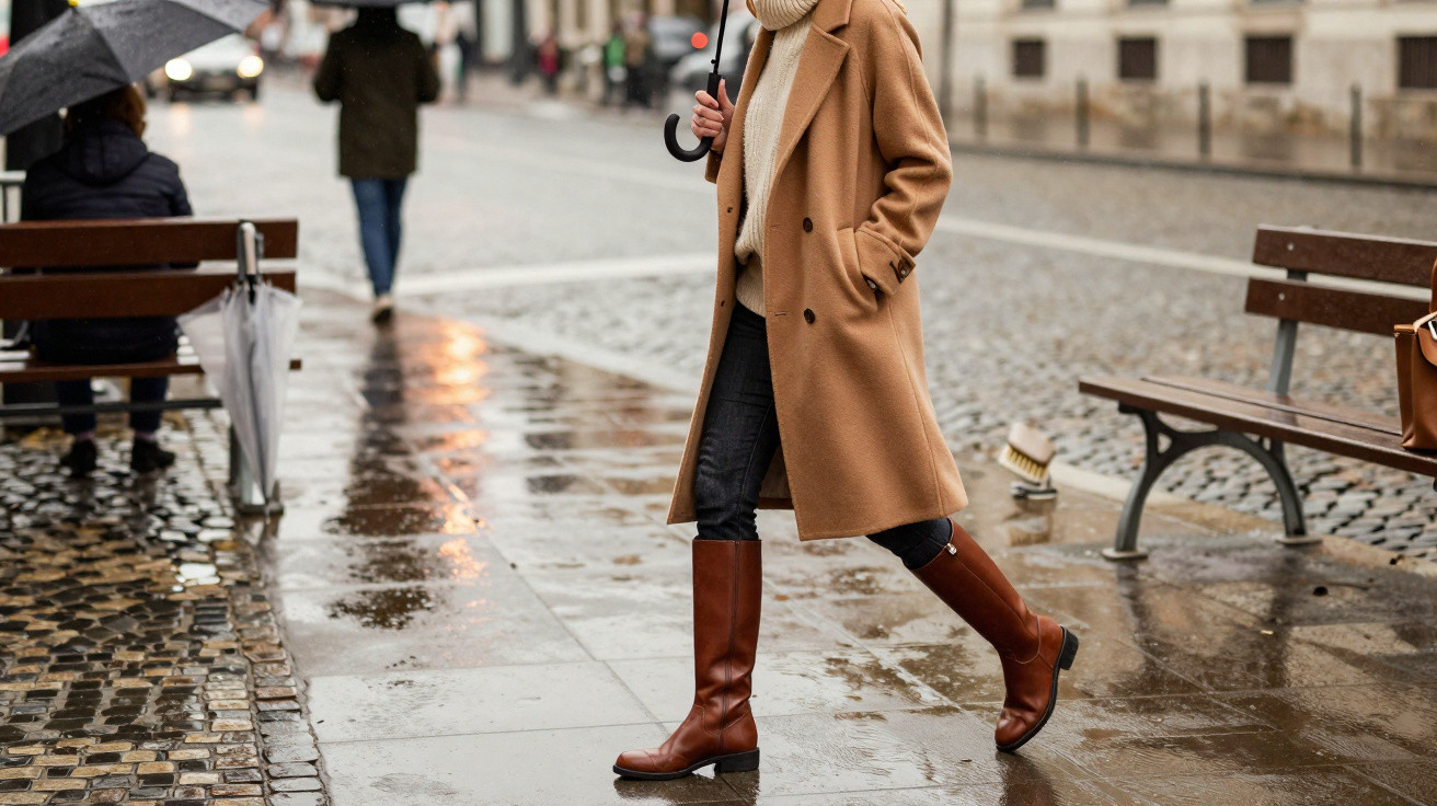 Pessoa caminhando na calçada molhada segurando guarda-chuva, usando casaco bege e botas marrons.