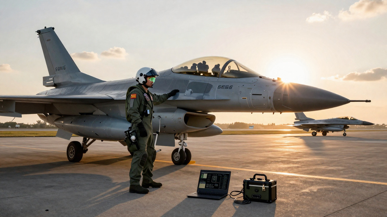 Piloto com roupa de voo verifica caça F-16 em pista durante pôr do sol, com laptop e equipamento no chão.