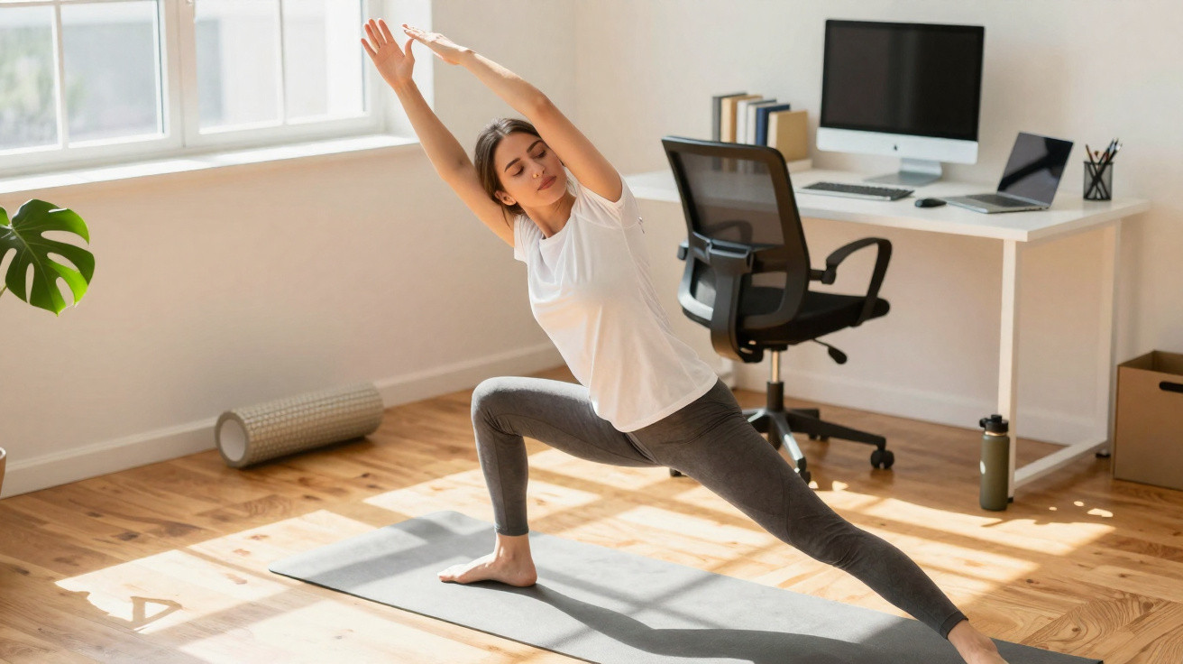 Mulher praticando alongamento em tapete de yoga em escritório doméstico iluminado pelo sol.