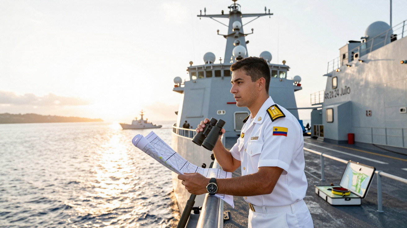 Marinheiro com uniforme branco observa o mar com binóculo e mapa, ao lado de navio militar ao pôr do sol.
