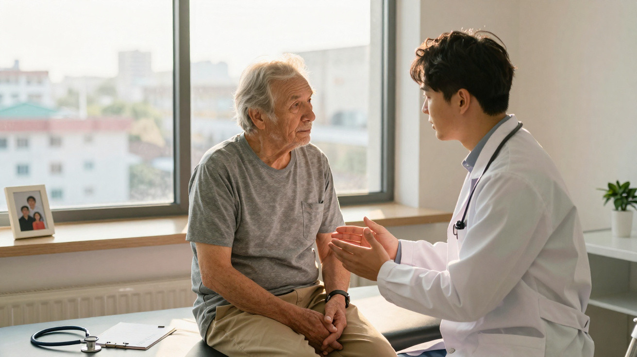 Médico conversando com idoso sentado em mesa de exame em consultório iluminado pela luz natural.