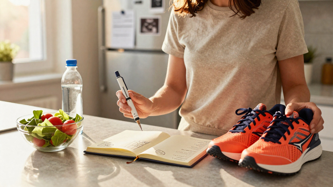 Mulher planejando treino com tênis esportivo, caderno e uma tigela de salada ao lado na cozinha.