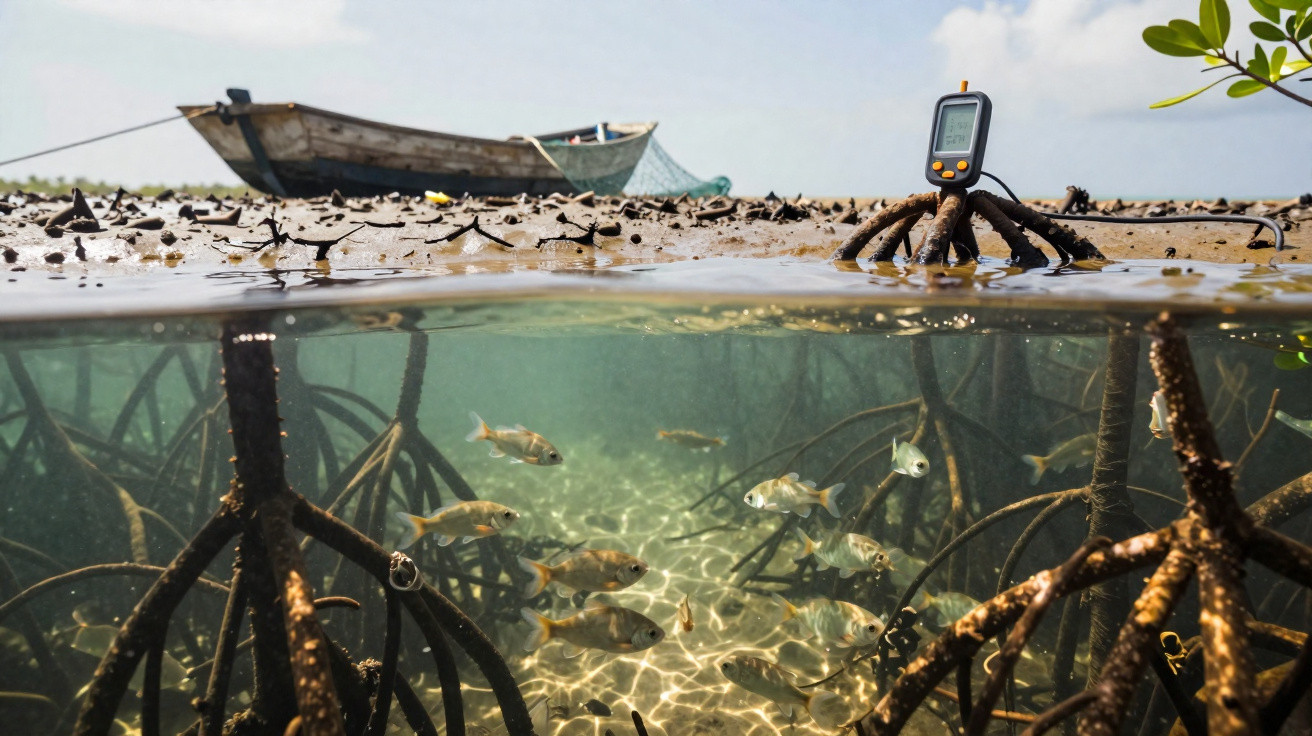 Raiz de manguezal submersa com peixes, barco e equipamento eletrônico na superfície da água.