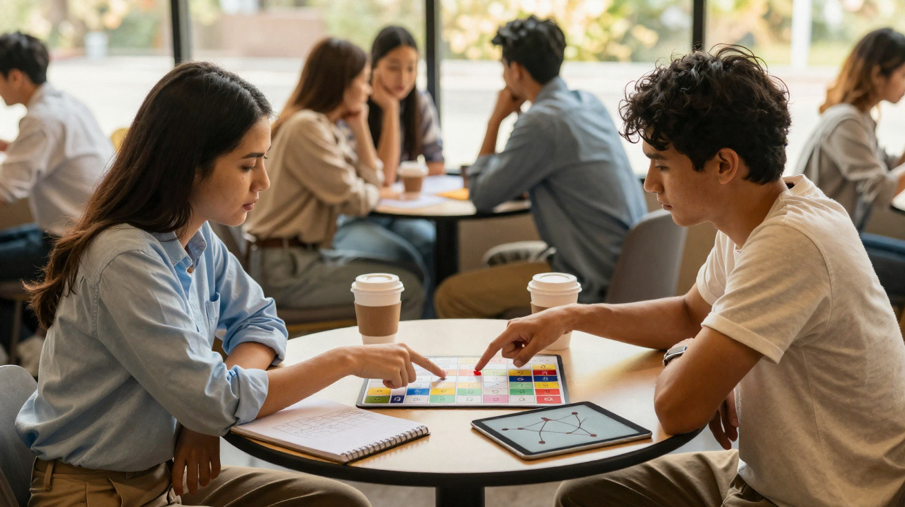 Duas pessoas sentadas em cafeteria, jogando tabuleiro colorido, com café e tablet na mesa.
