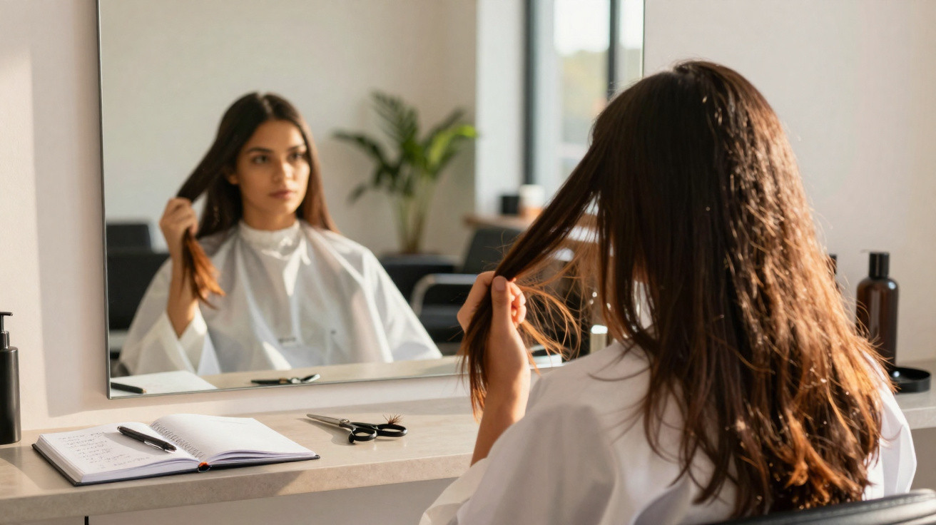 Mulher sentada em cadeira de salão, olhando seu cabelo refletido no espelho, ao lado tesoura e caderno aberto.