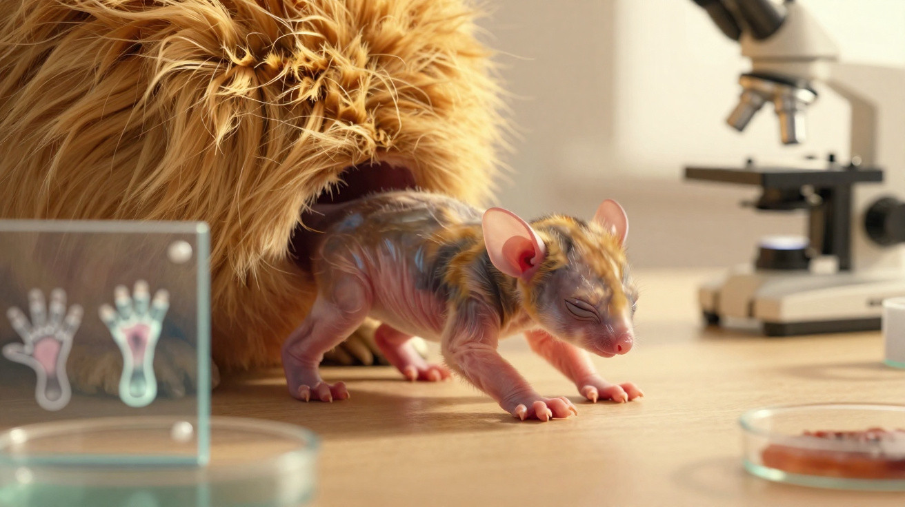 Filhote de rato-saúva saindo de ninho felpudo em mesa com microscópio e placas de vidro.