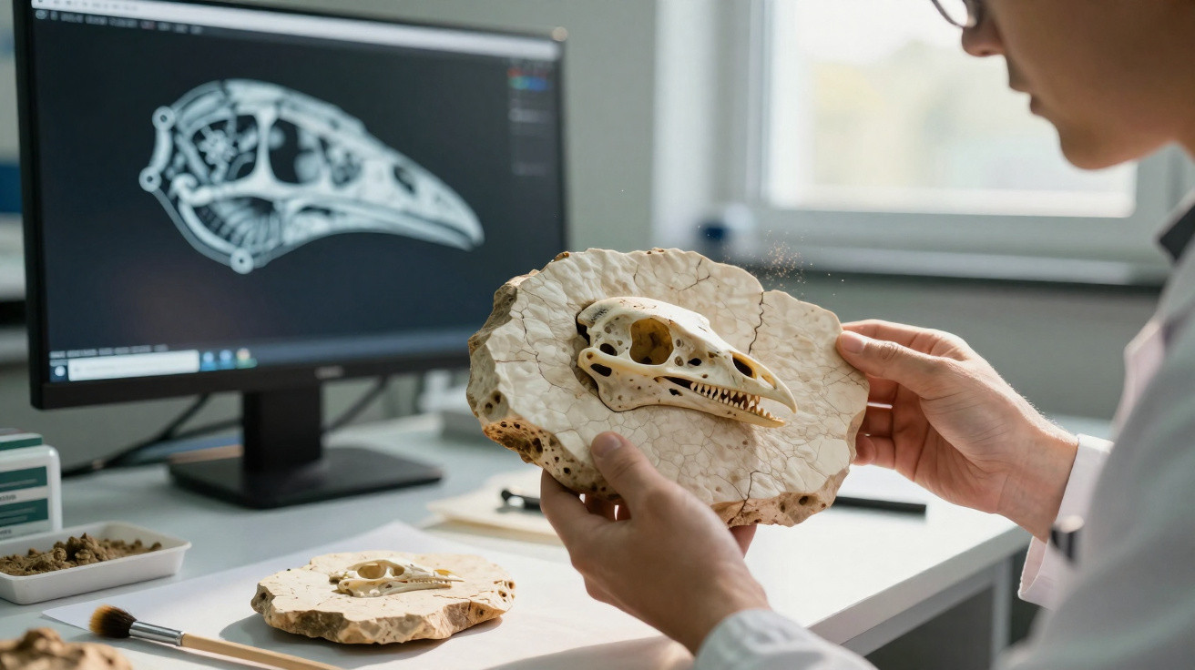 Pessoa segurando fóssil de crânio de dinossauro com esqueleto em computador ao fundo.