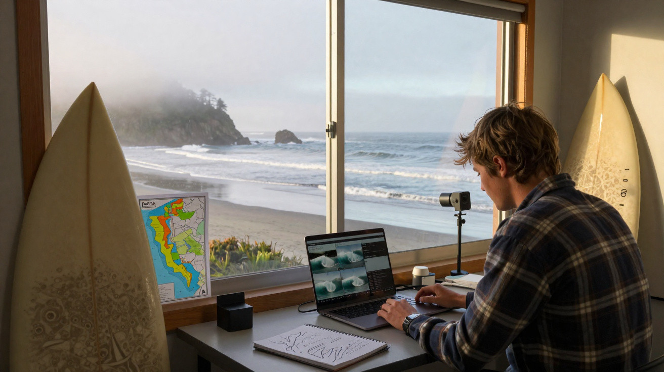 Jovem sentado em mesa com laptop, mapa e prancha de surfe, observando o mar pela janela.