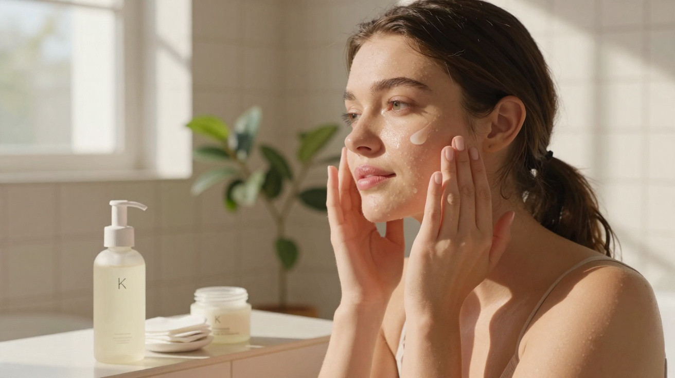 Mulher aplicando creme facial em pele clara com frascos de cosméticos em bancada iluminada.