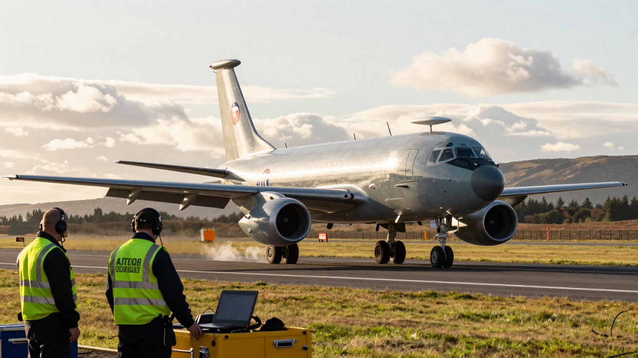 Avião militar taxiando em pista de aeroporto com duas pessoas usando coletes refletivos ao lado.