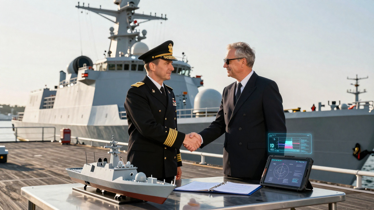 Homem fardado e executivo apertam mãos no convés de navio militar ao lado de modelo de navio e tablet com gráficos.