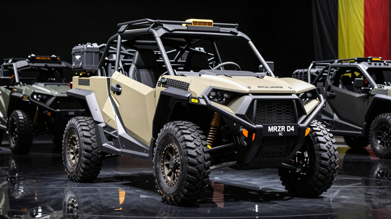 Veículo utilitário off-road Polaris MRZR D4 bege com chassi exposto em exposição interna.