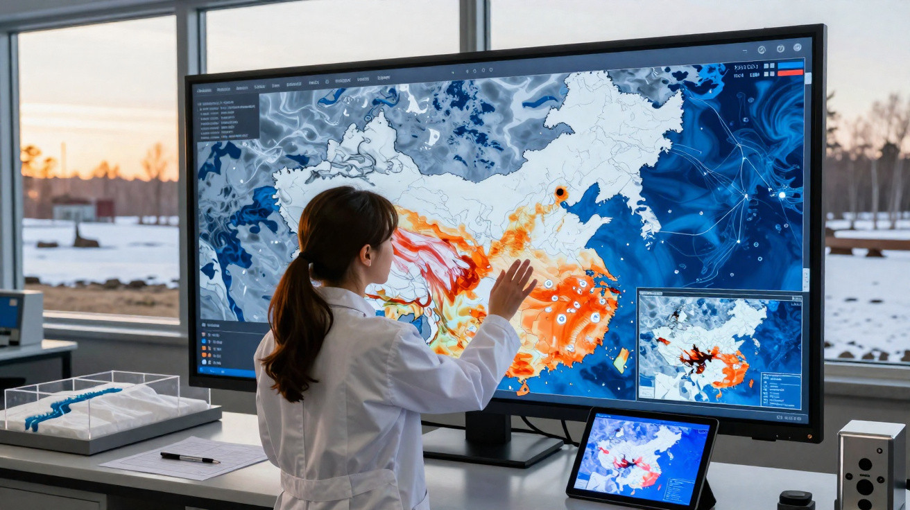 Mulher em jaleco interage com mapa climático digital em grande tela de computador, exibindo dados coloridos.