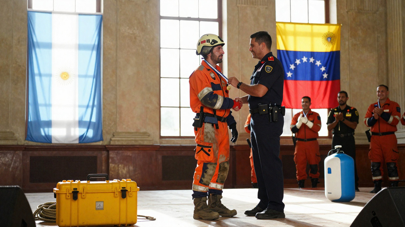 Homem com uniforme laranja recebe medalha de policial em cerimônia com bandeiras da Argentina e Venezuela ao fundo.
