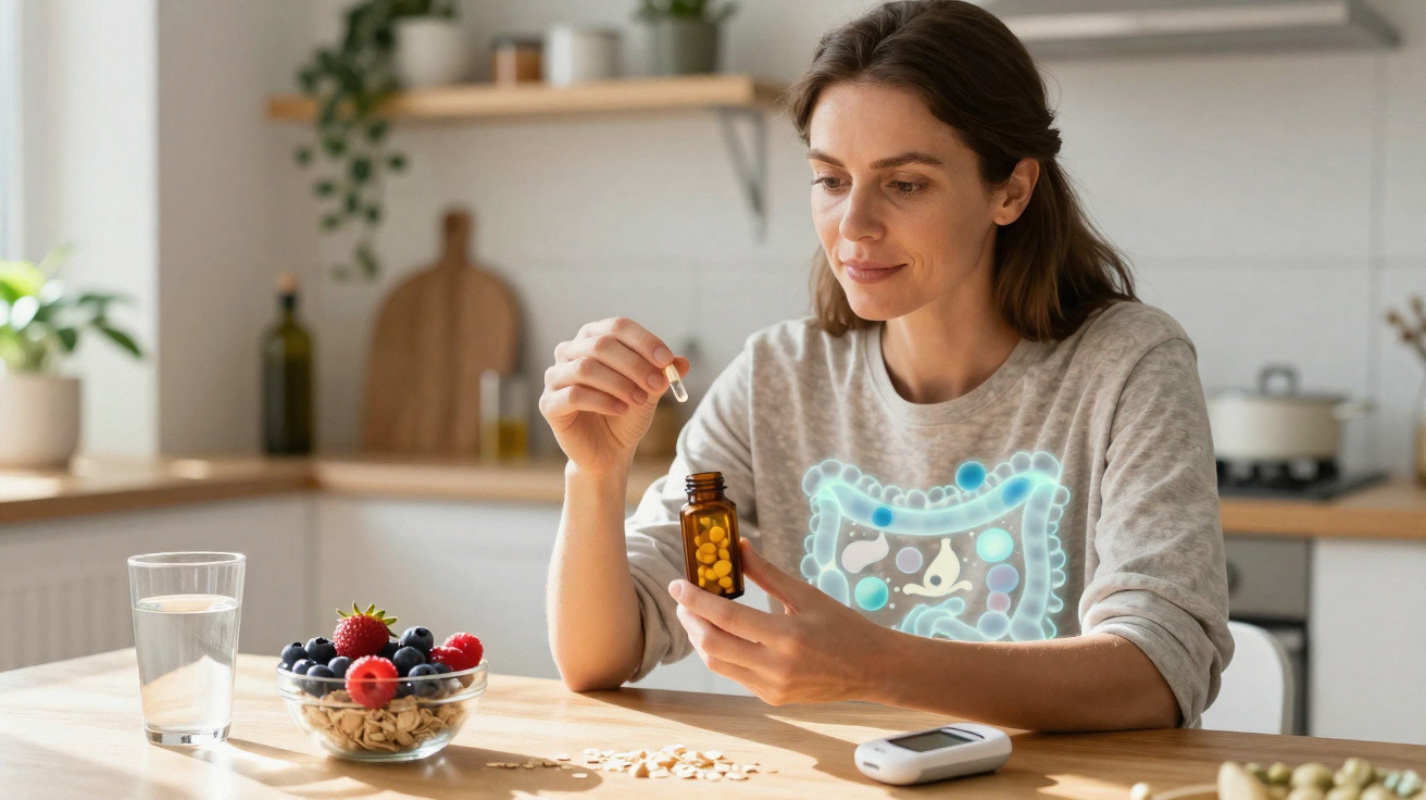 Mulher tomando suplemento probiótico em cápsula para saúde intestinal na cozinha com frutas e água.